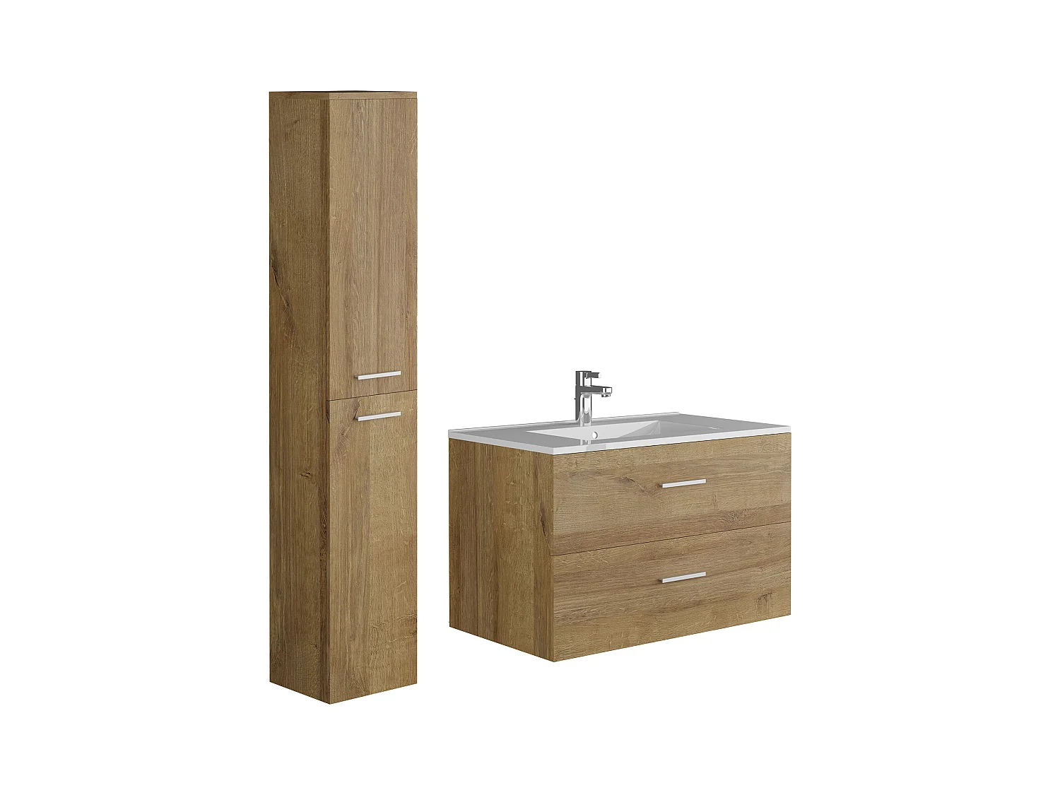 Mueble de baño flotante con lavabo y columna de almacenamiento - Color natural claro - 80 cm - KAYLA