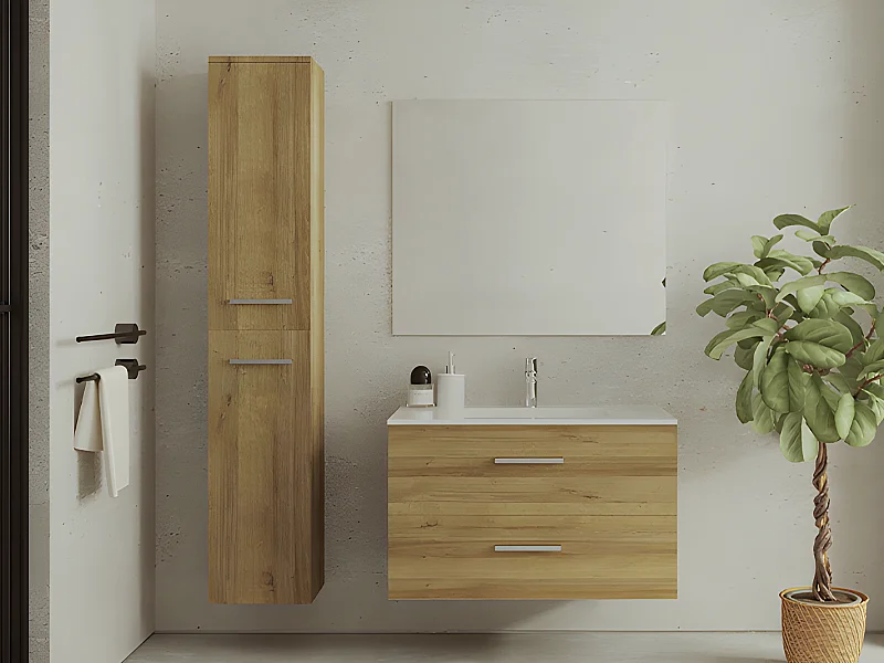 Meuble de salle de bain suspendu simple vasque avec colonne de rangement - Coloris naturel clair - 80 cm - KAYLA