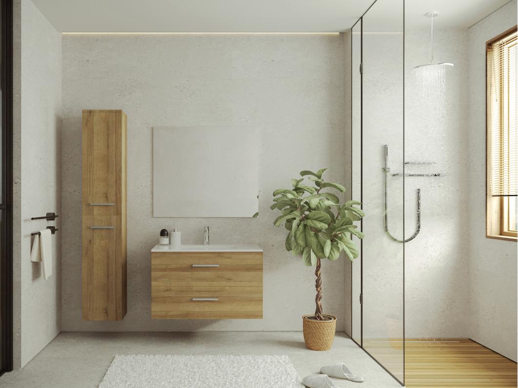 Meuble de salle de bain suspendu simple vasque avec colonne de rangement - Coloris naturel clair - 80 cm - KAYLA