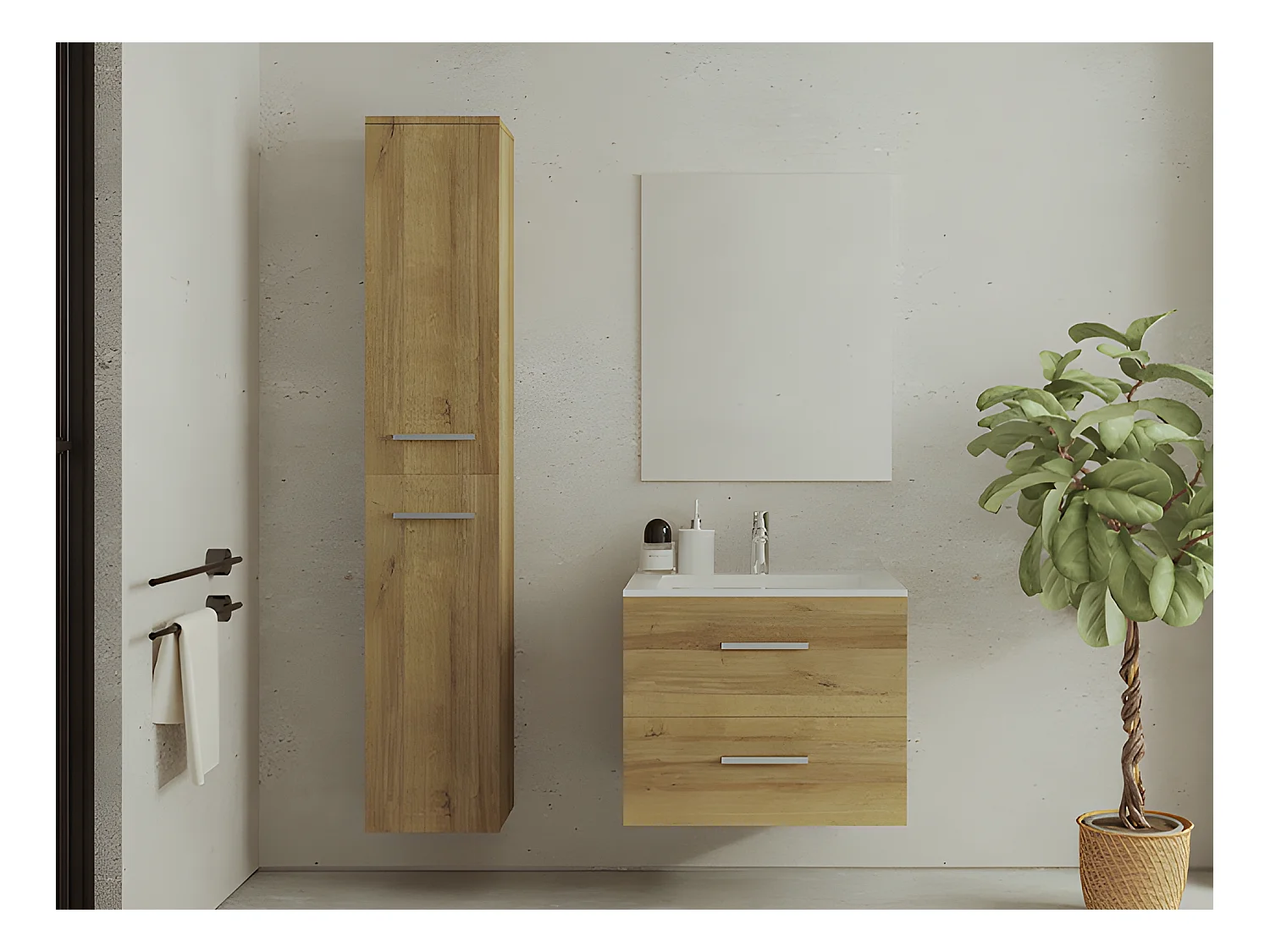 Mueble de baño flotante con lavabo y columna de almacenamiento - Color natural claro - 60 cm - KAYLA