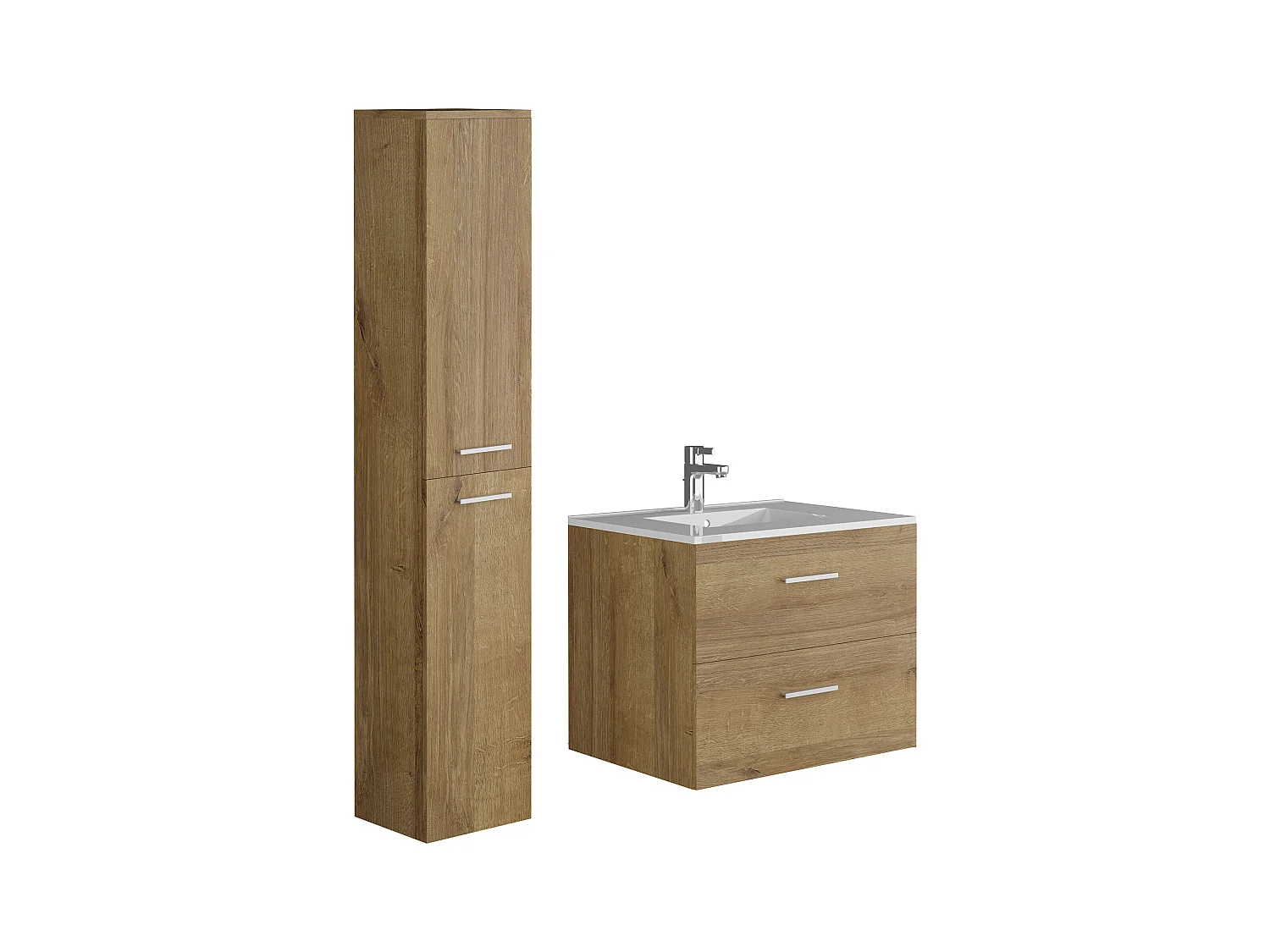 Mueble de baño flotante con lavabo y columna de almacenamiento - Color natural claro - 60 cm - KAYLA