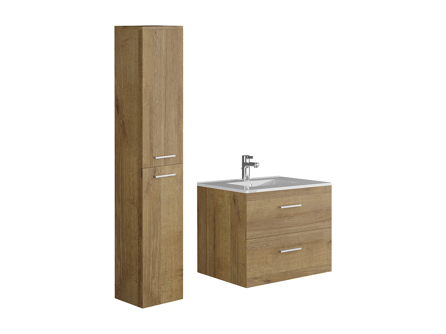 Meuble de salle de bain suspendu simple vasque avec colonne de rangement - Coloris naturel clair  - 60 cm - KAYLA