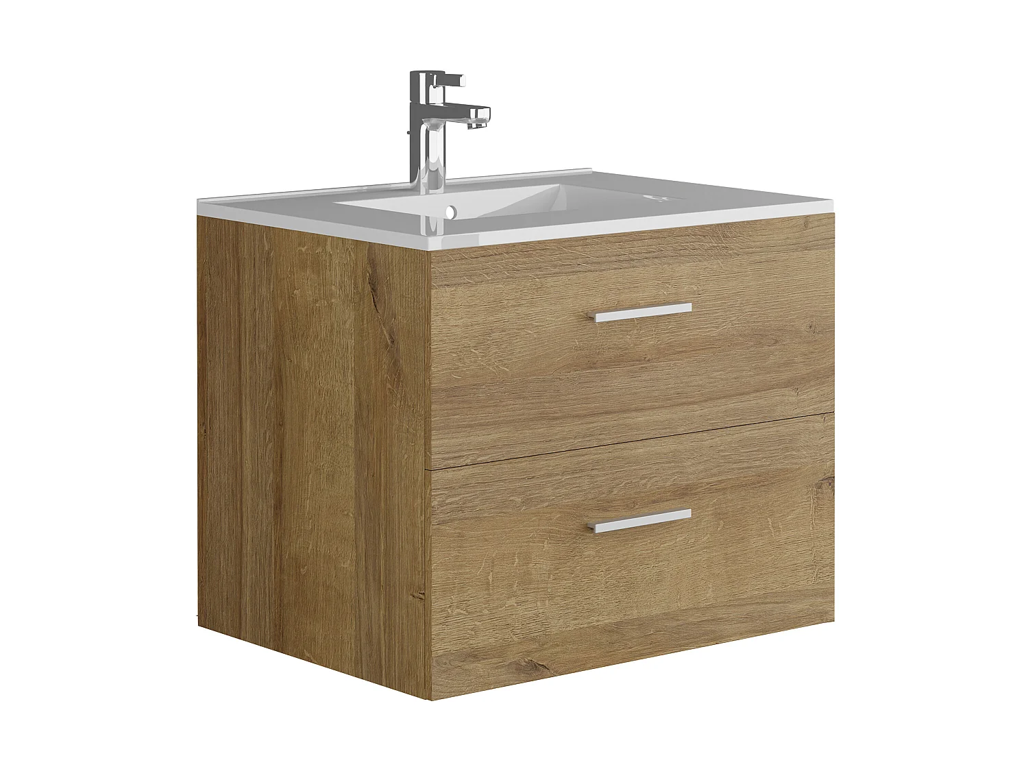 Meuble de salle de bain suspendu simple vasque avec colonne de rangement - Coloris naturel clair  - 60 cm - KAYLA