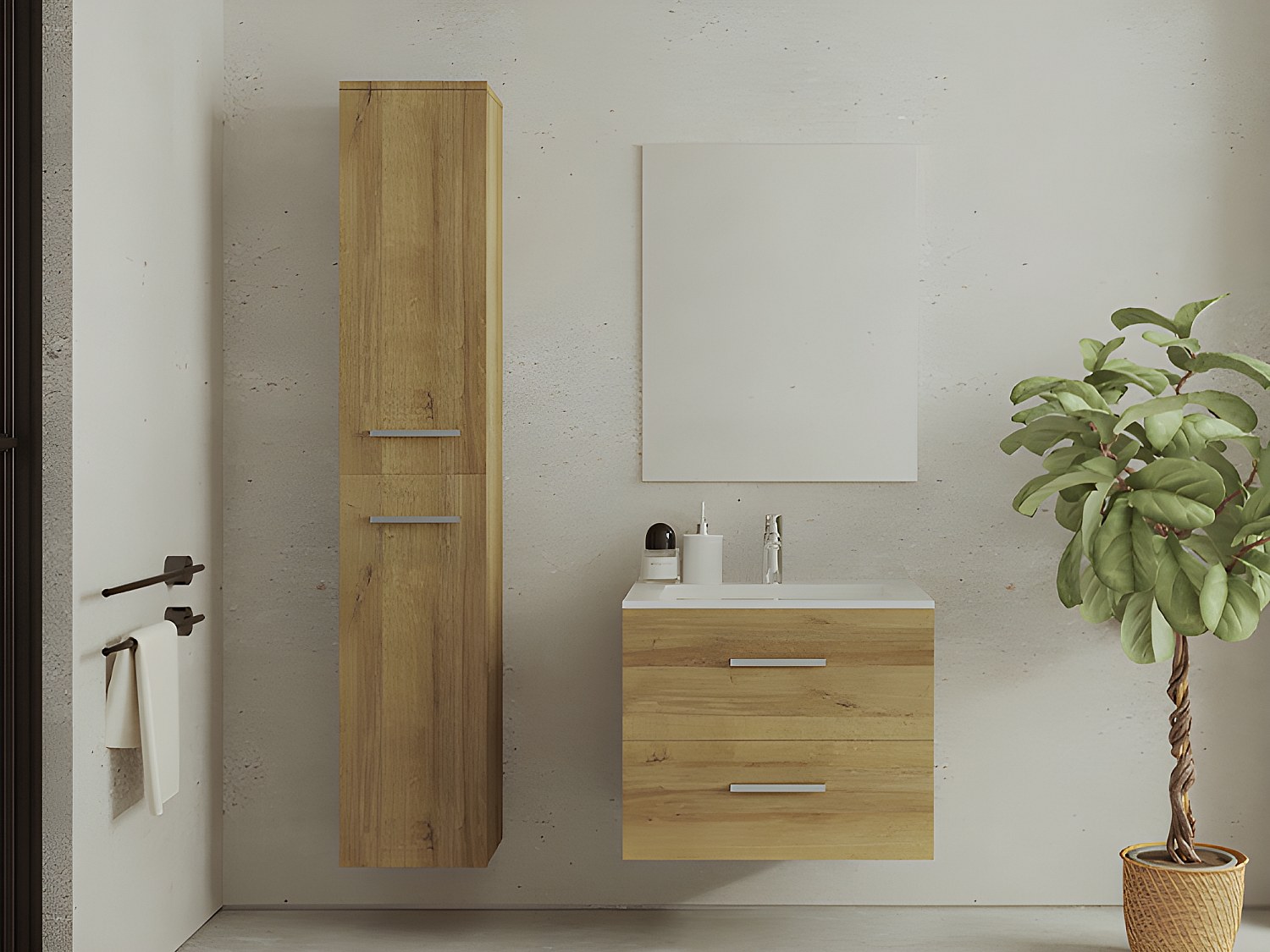 Waschbeckenunterschrank hängend mit Einzelwaschbecken + vertikalem Schrank günstig online kaufen