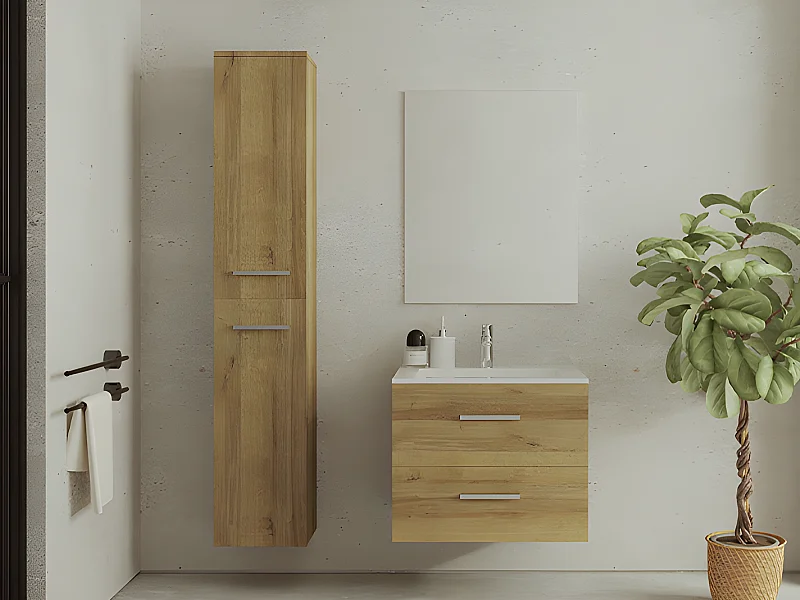 Móvel de casa de banho suspenso com lavatório simples e coluna de armazenamento cor clara natural 60 cm - KAYLA