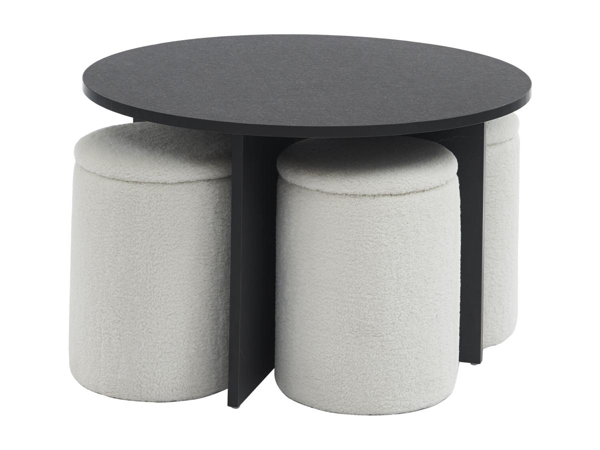 Couchtisch aus MDF + 4 Hocker aus Bouclé-Stoff - Schwarz & Weiß - AKSAY günstig online kaufen