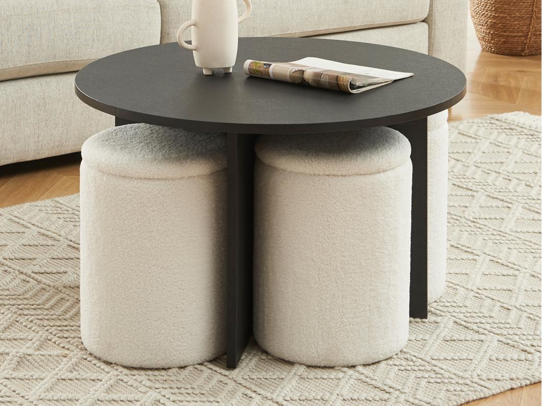 Couchtisch aus MDF + 4 Hocker aus Bouclé-Stoff - Schwarz & Weiß - AKSAY