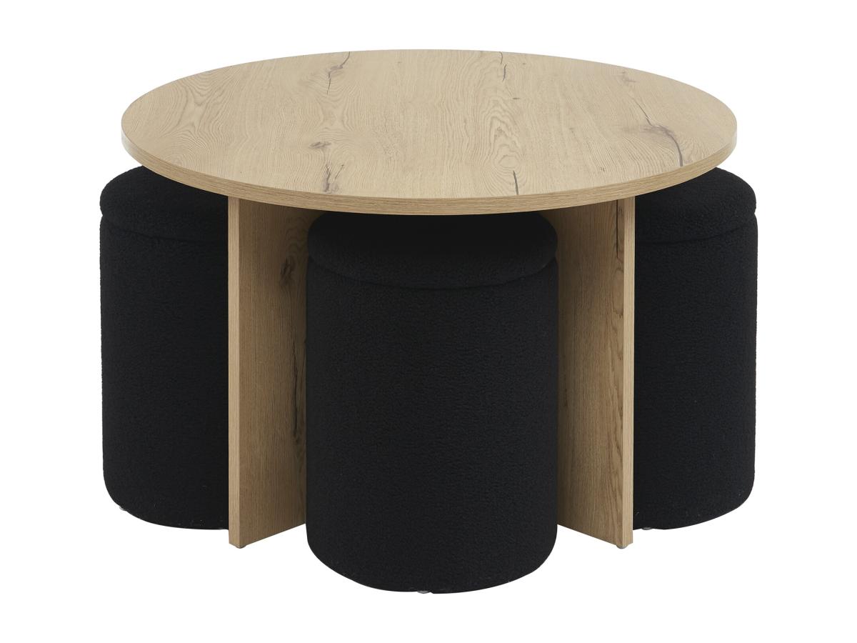 Couchtisch aus MDF + 4 Hocker aus Bouclé-Stoff - Holzfarben & Schwarz - AKS günstig online kaufen