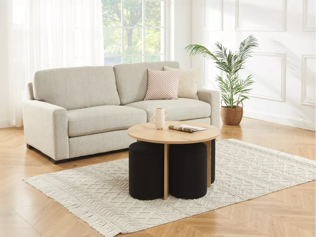 Kauf Unique Couchtisch aus MDF + 4 Hocker aus Bouclé-Stoff - Holzfarben & Schwarz - AKSAY