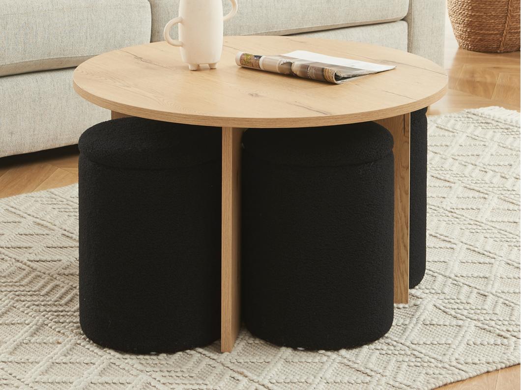 Stolik kawowy z MDF + 4 buklowe pufy - Naturalny i czarny - AKSAY