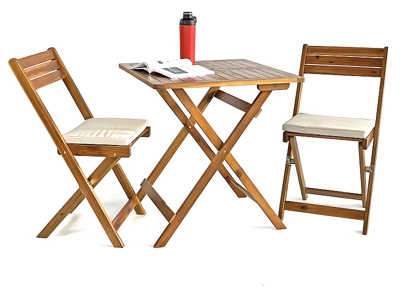 Estosa - Conjunto de mesa e cadeiras dobráveis ​​de madeira para jardim com almofadas Génova