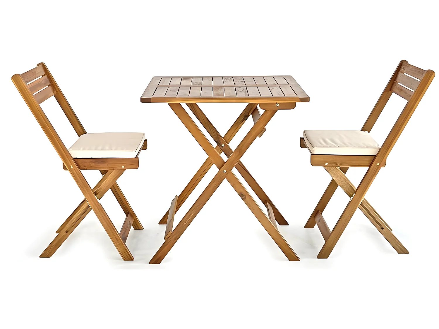 Estosa - Ensemble table et chaises de jardin pliantes en bois avec coussins Genova