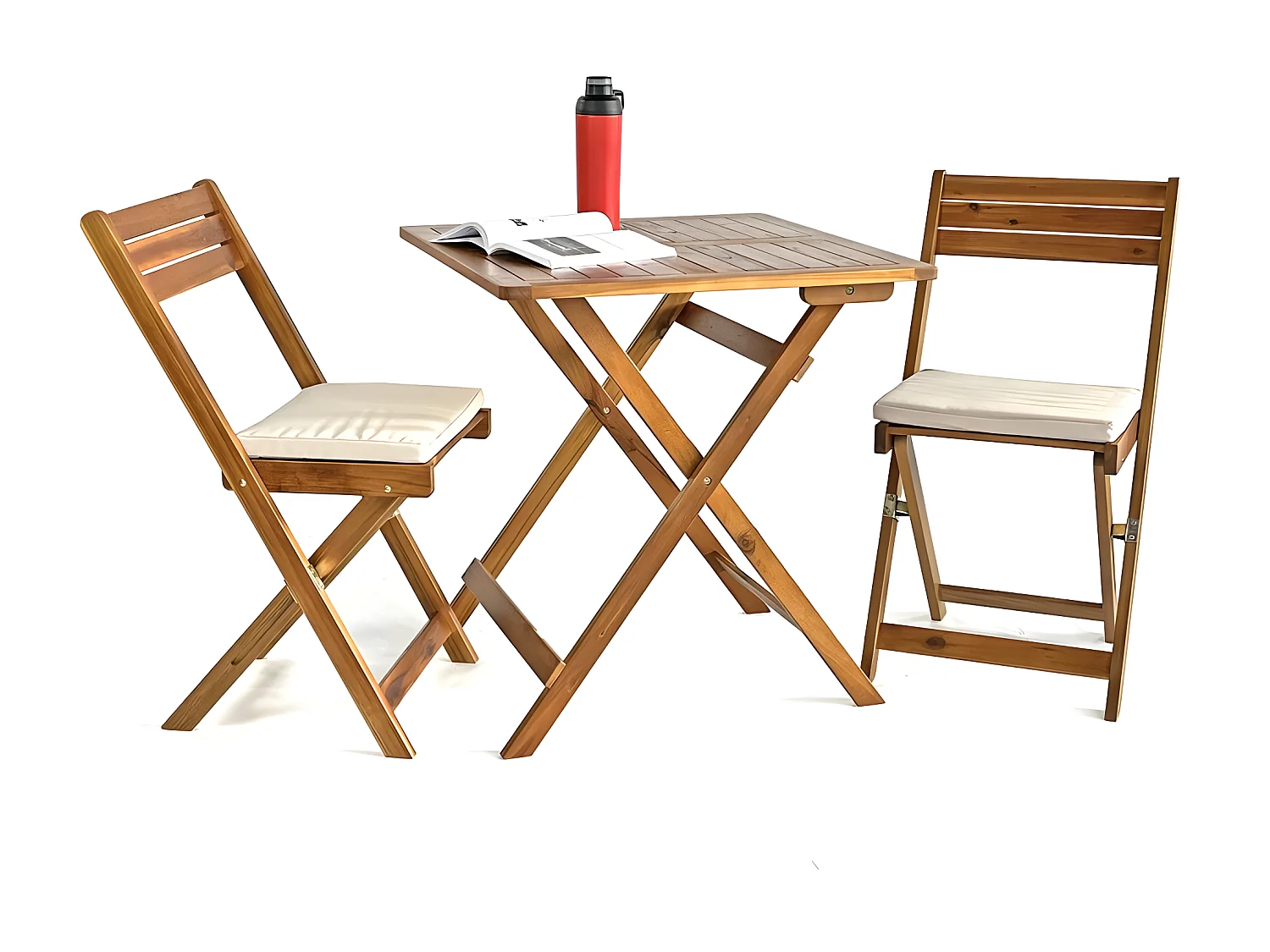 Estosa - Ensemble table et chaises de jardin pliantes en bois avec coussins Genova