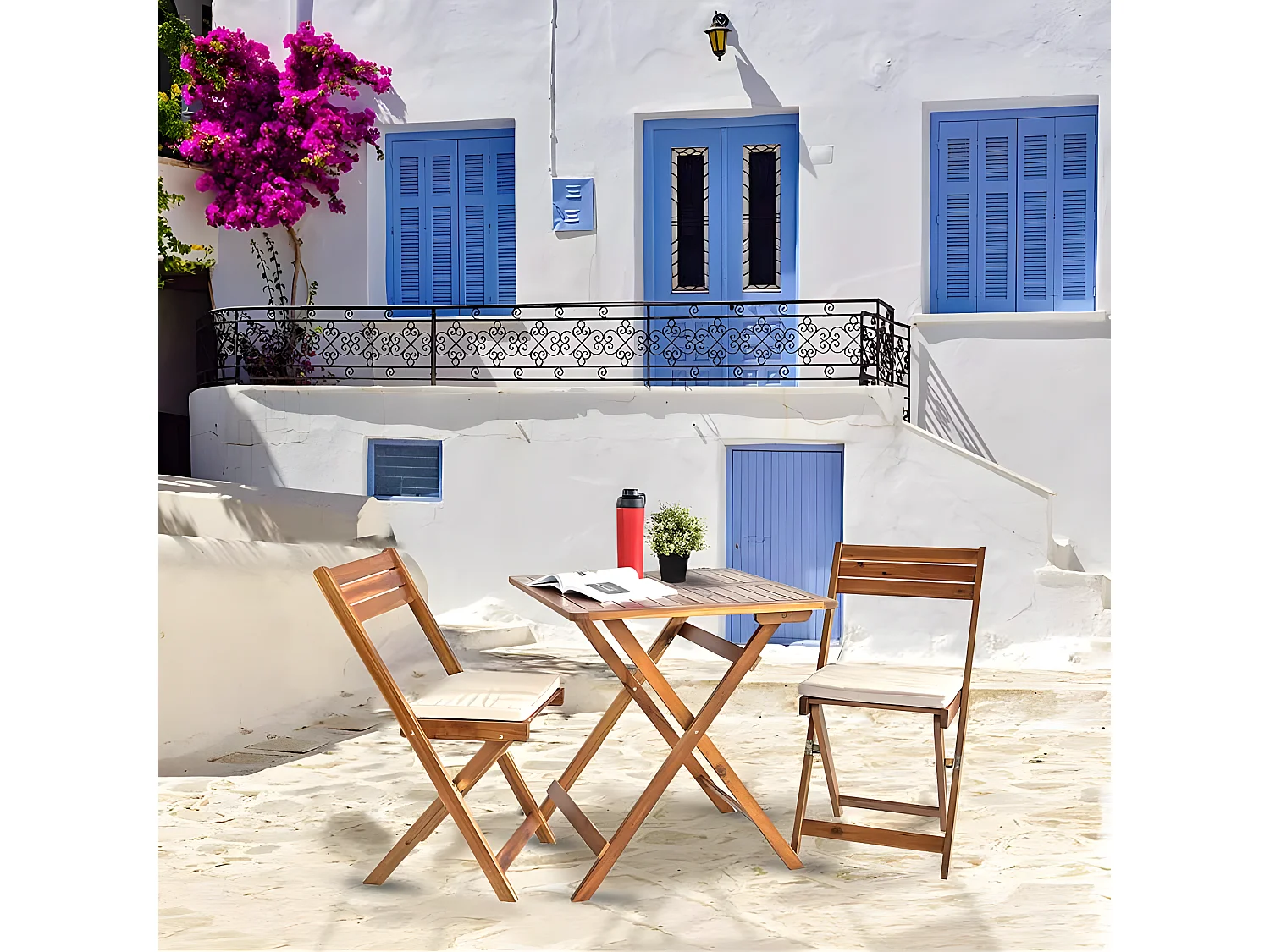 Estosa - Ensemble table et chaises de jardin pliantes en bois avec coussins Genova