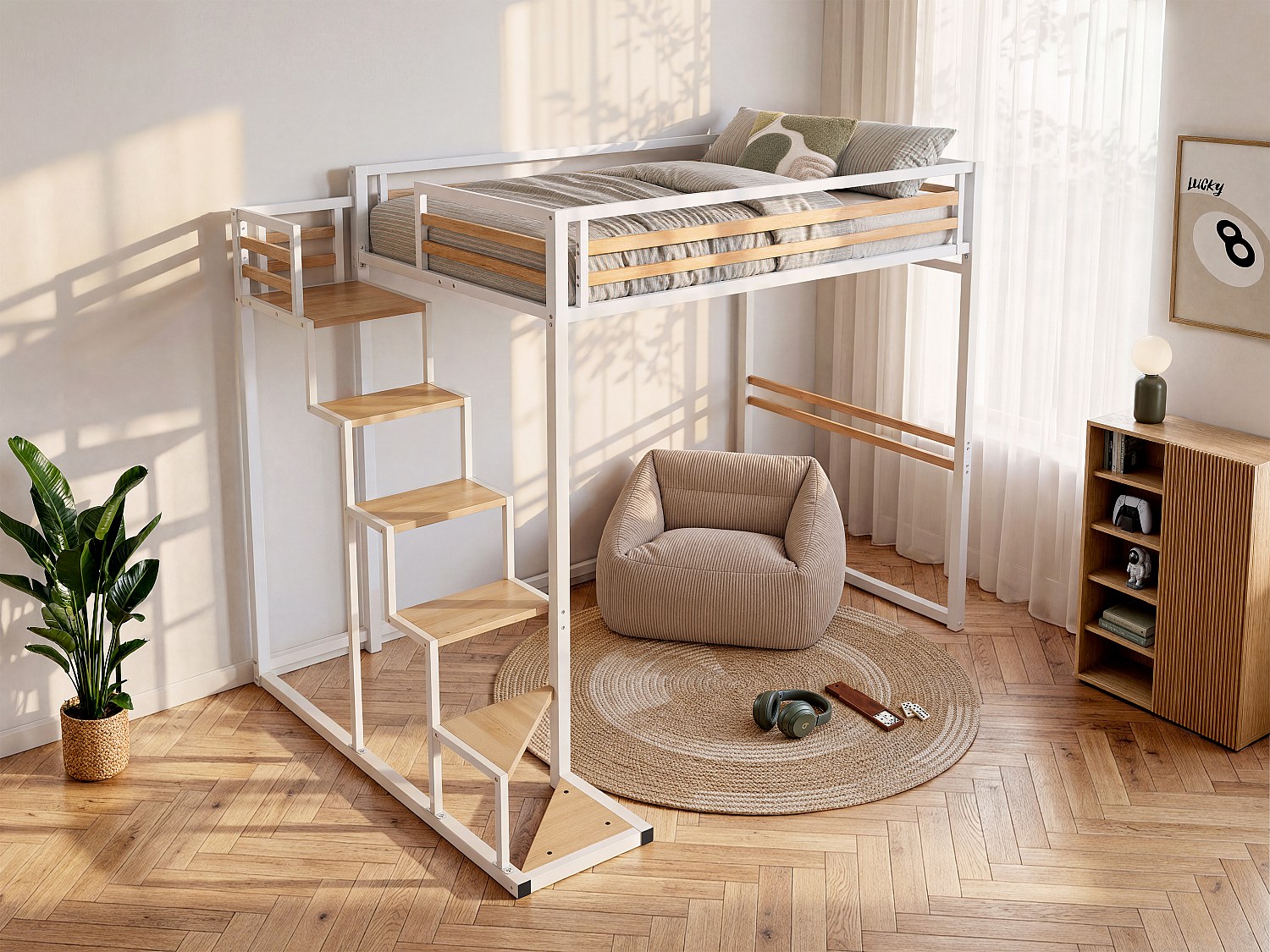 Vente-unique - Hochbett - 140 x 200 cm - Metall & mdf - Weiß - jogui
