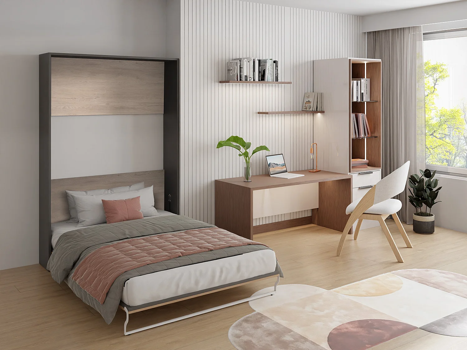 Letto a scomparsa Apertura verticale manuale 140 x 200 cm Naturale e Antracite + Materasso - MALINA II