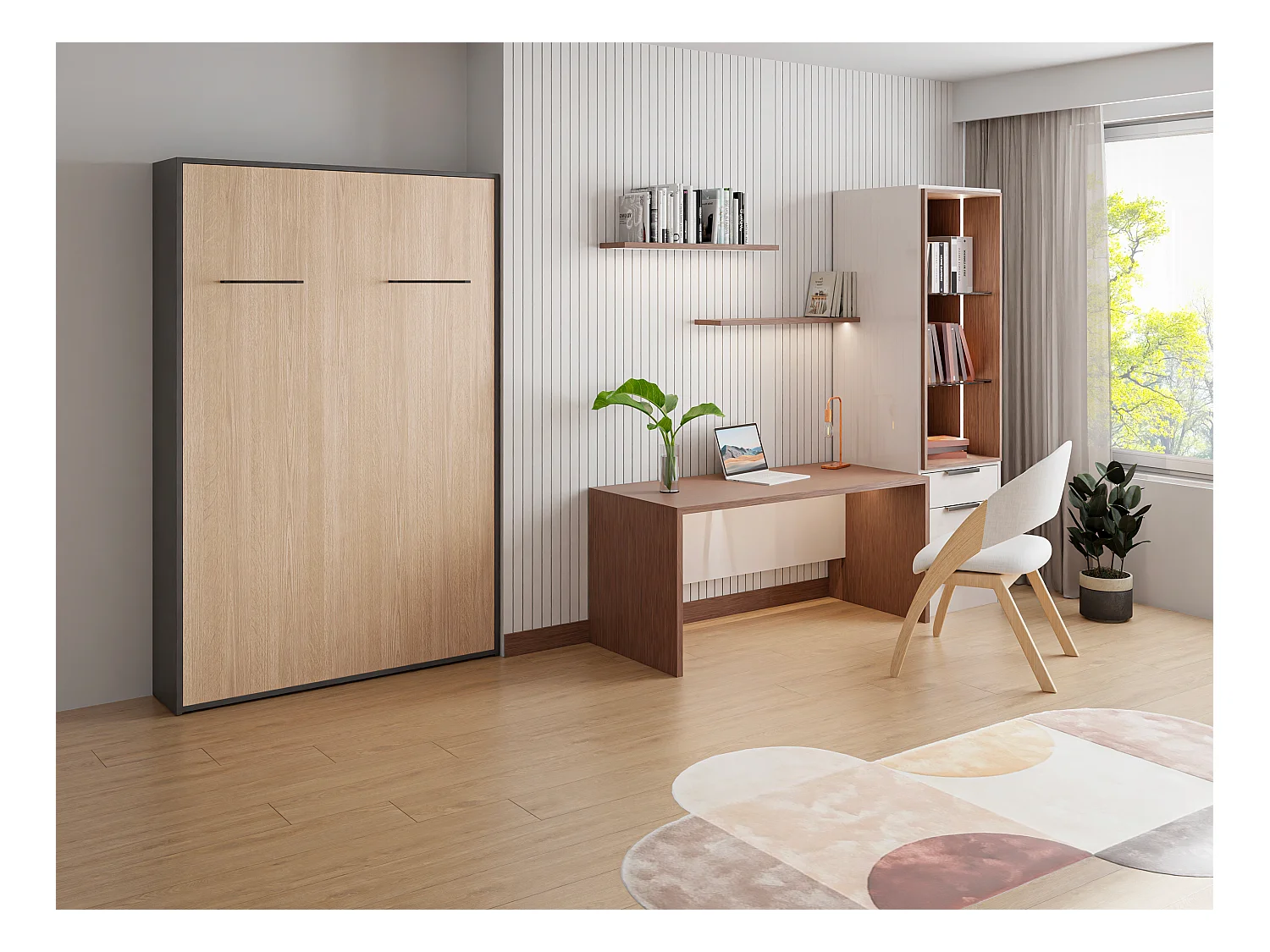 Lit escamotable 140 x 200 cm - Ouverture verticale manuelle - Coloris : Naturel et anthracite + Matelas - MALINA II