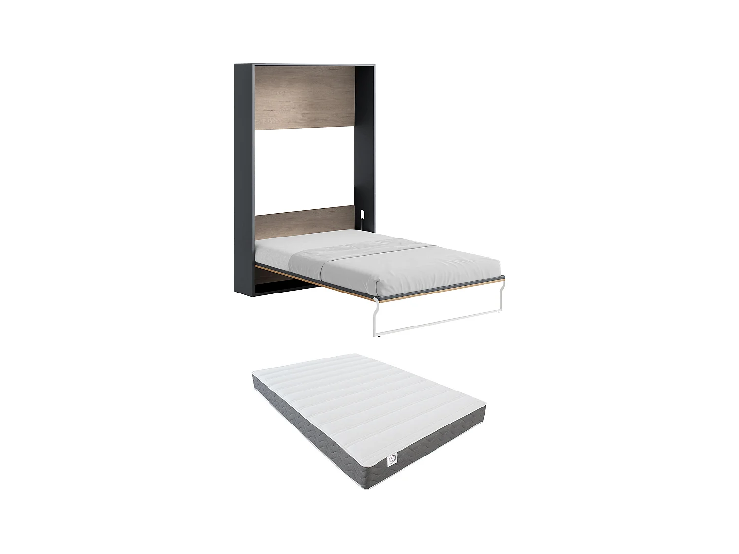 Lit escamotable 140 x 200 cm - Ouverture verticale manuelle - Coloris : Naturel et anthracite + Matelas - MALINA II