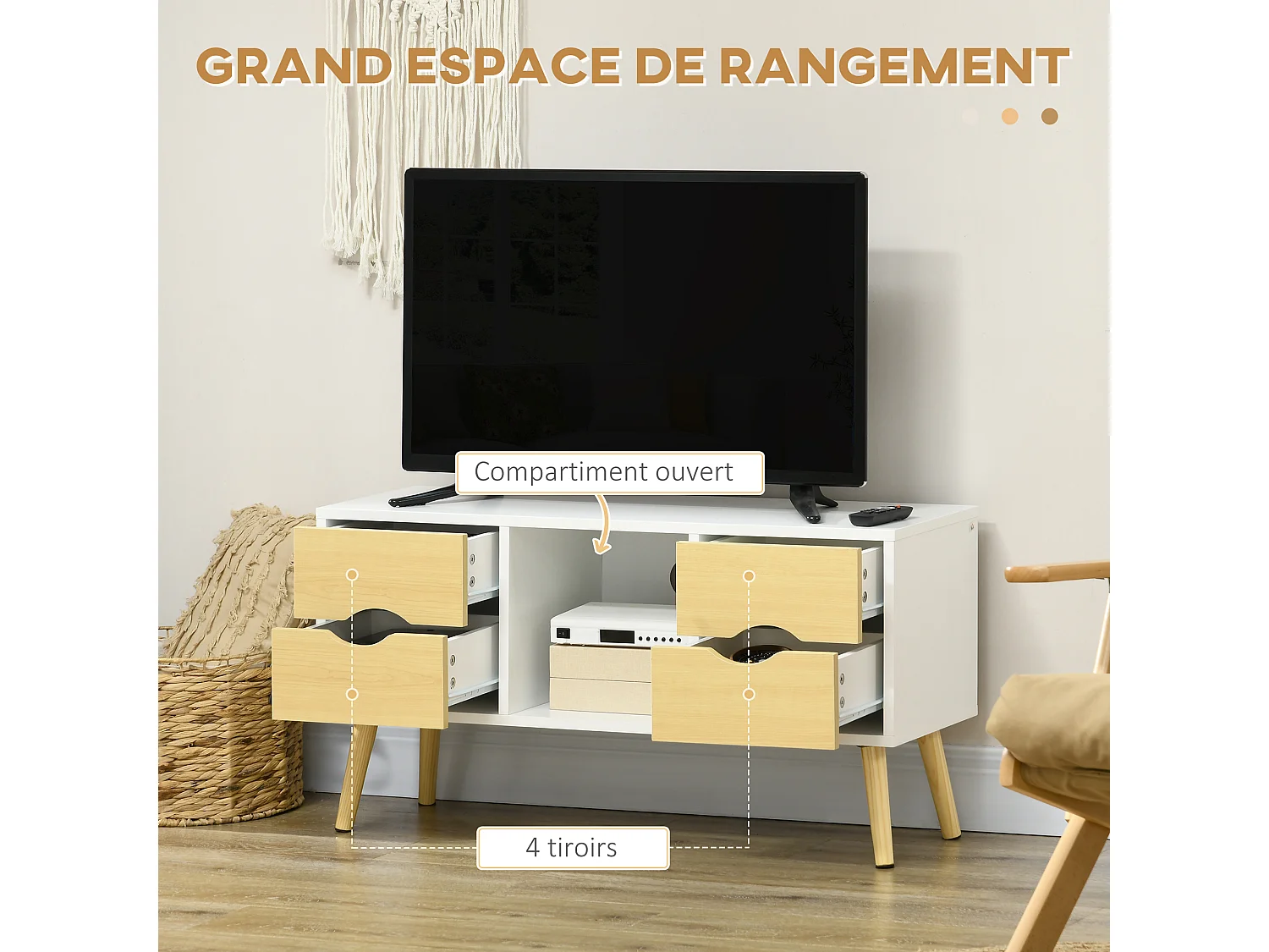 Meuble TV style scandinave 4 tiroirs coulissants niche passe-fils piètement bois pin blanc aspect bois clair