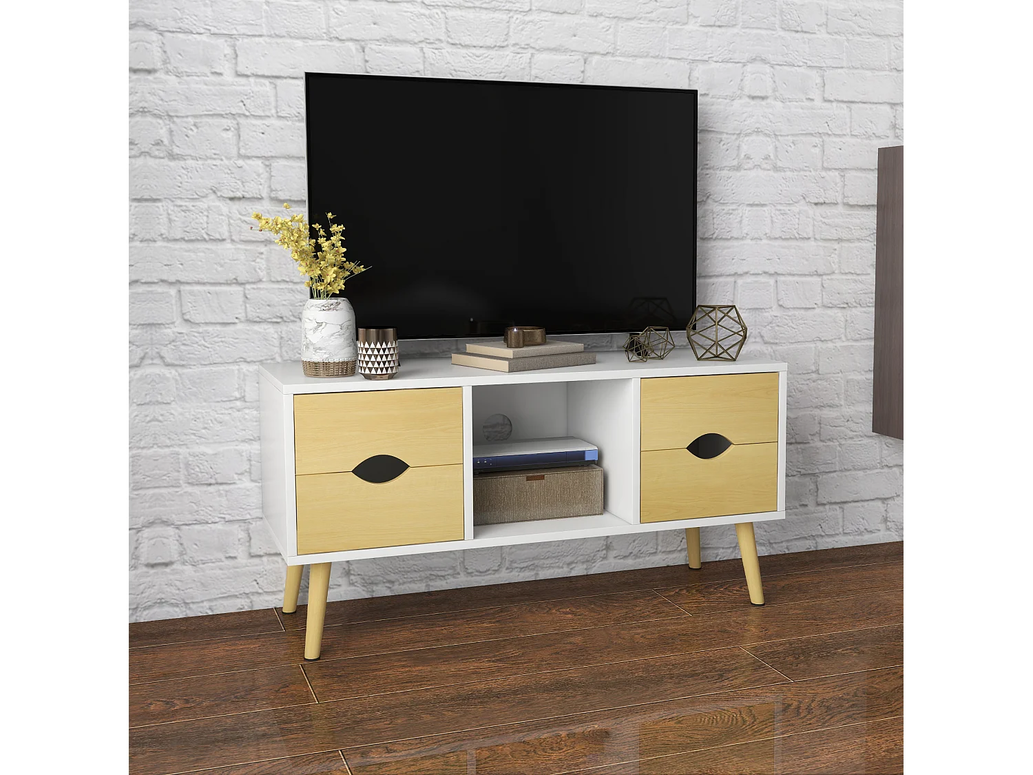 Meuble TV style scandinave 4 tiroirs coulissants niche passe-fils piètement bois pin blanc aspect bois clair