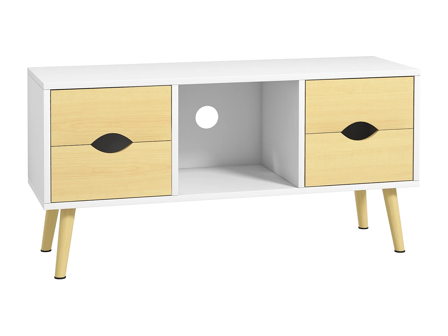 Meuble TV style scandinave 4 tiroirs coulissants niche passe-fils piètement bois pin blanc aspect bois clair