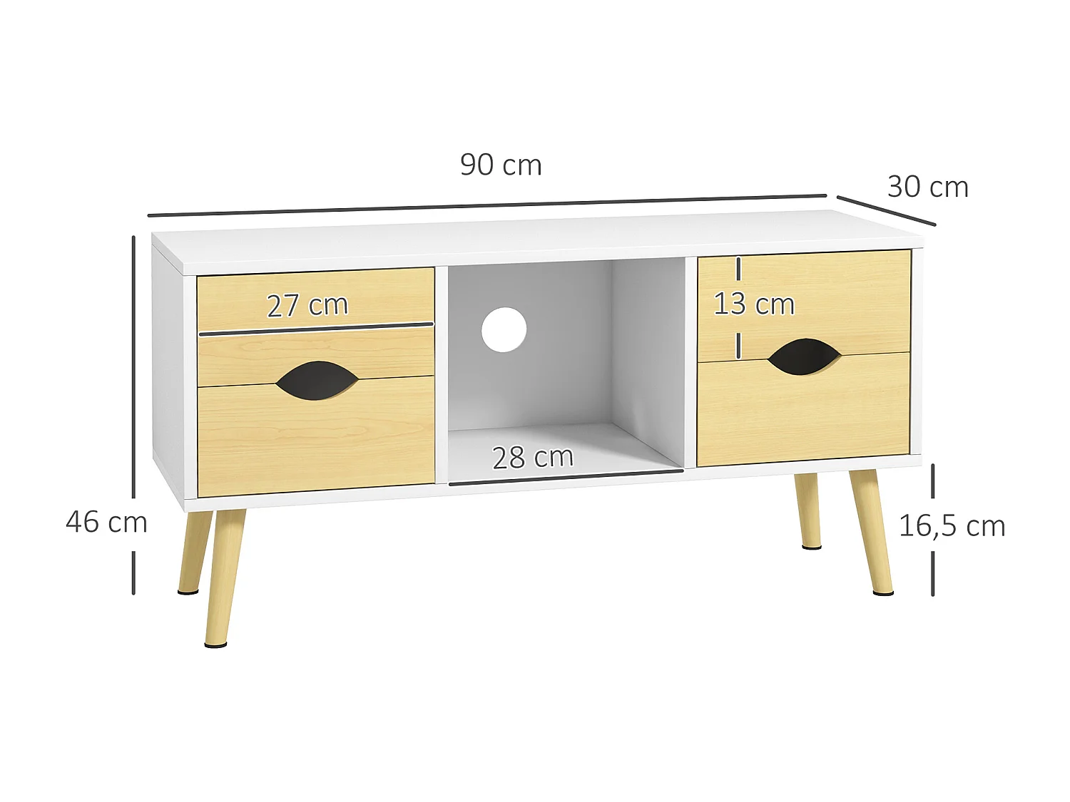 Meuble TV style scandinave 4 tiroirs coulissants niche passe-fils piètement bois pin blanc aspect bois clair