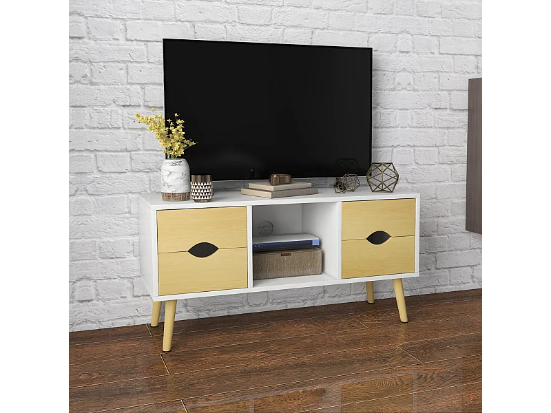 Meuble TV style scandinave 4 tiroirs coulissants niche passe-fils piètement bois pin blanc aspect bois clair