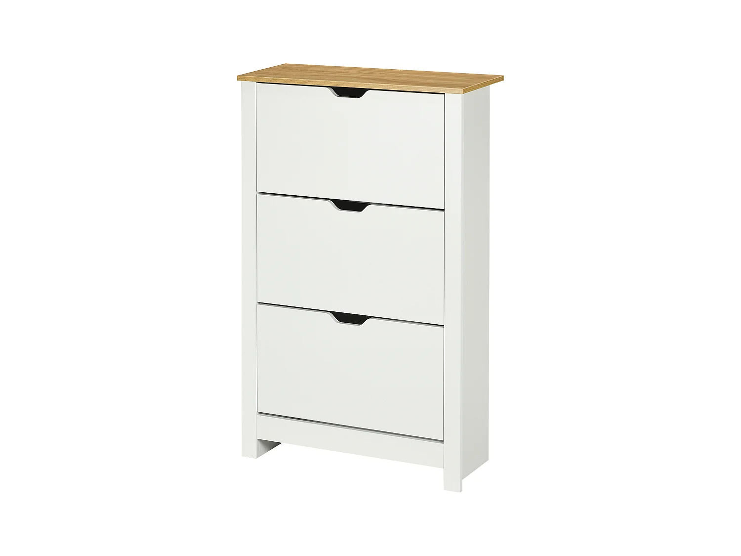 Armoire à chaussures 3 portes abattantes 2 compartiments panneaux particules blanc chêne