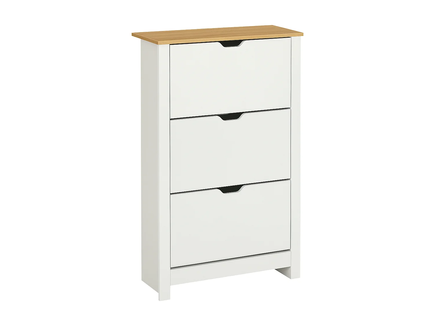 Armoire à chaussures 3 portes abattantes 2 compartiments panneaux particules blanc chêne