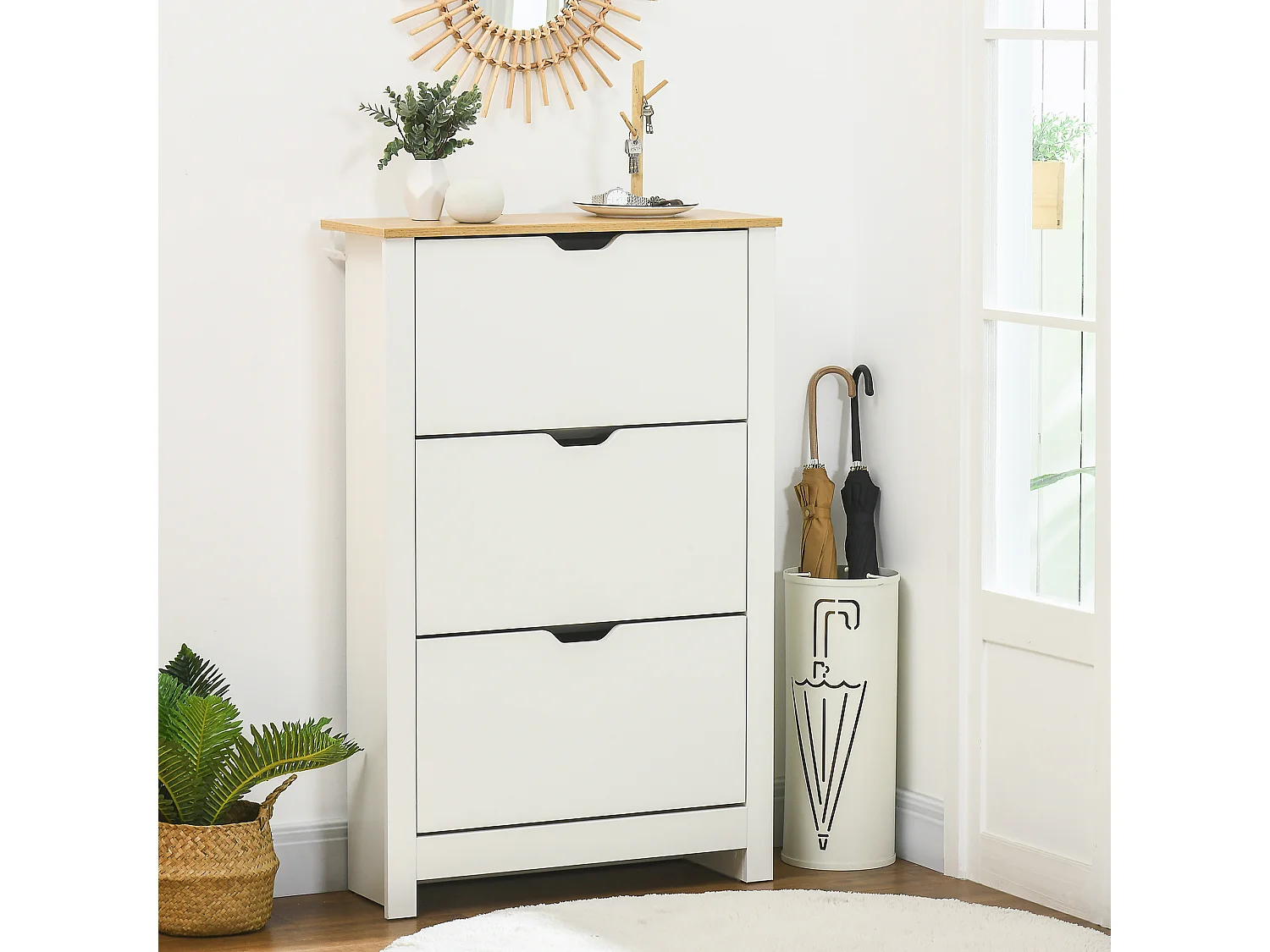 Armoire à chaussures 3 portes abattantes 2 compartiments panneaux particules blanc chêne