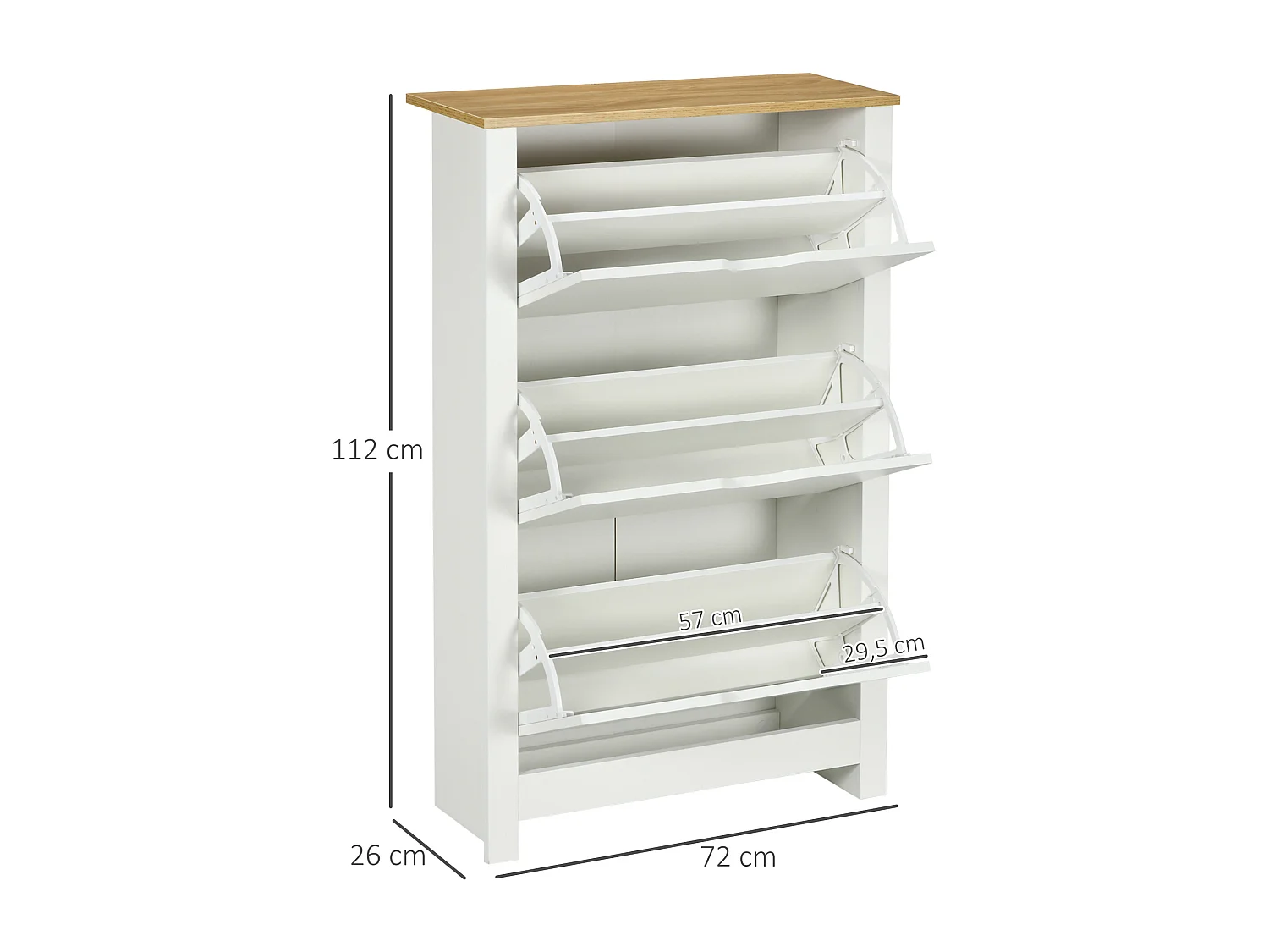 Armoire à chaussures 3 portes abattantes 2 compartiments panneaux particules blanc chêne