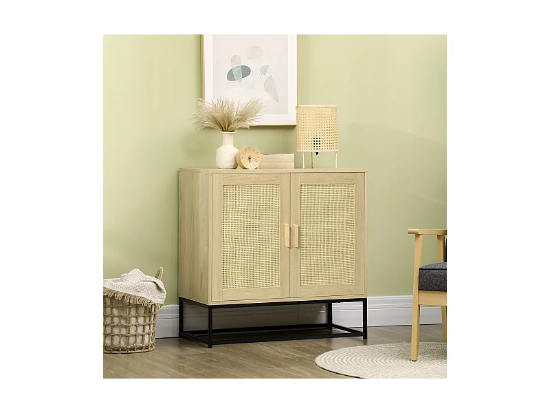 Buffet 2 portes cannage rotin avec étagère piètement acier noir poignées bois pin aspect chêne clair