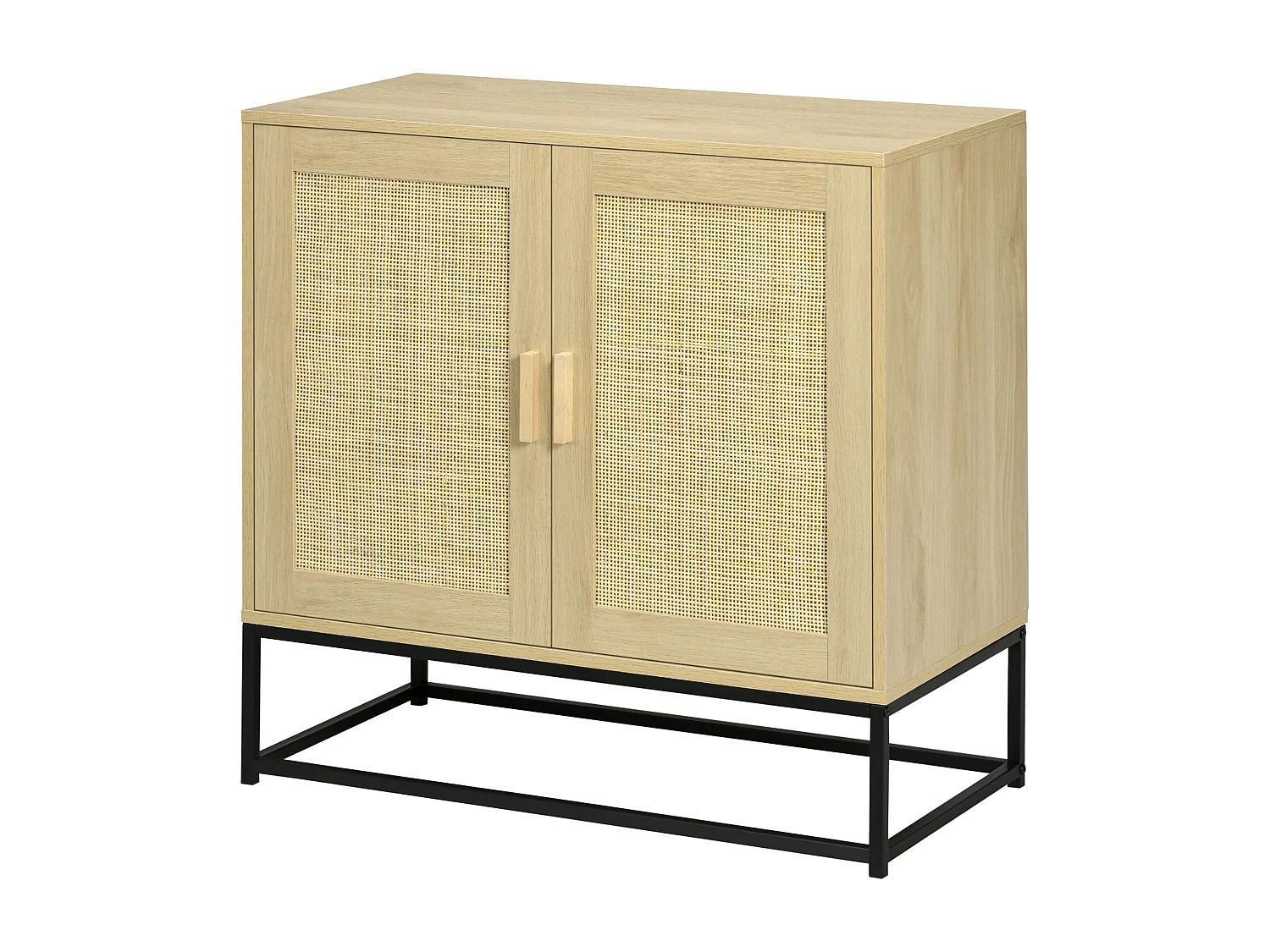 Buffet 2 portes cannage rotin avec étagère piètement acier noir poignées bois pin aspect chêne clair