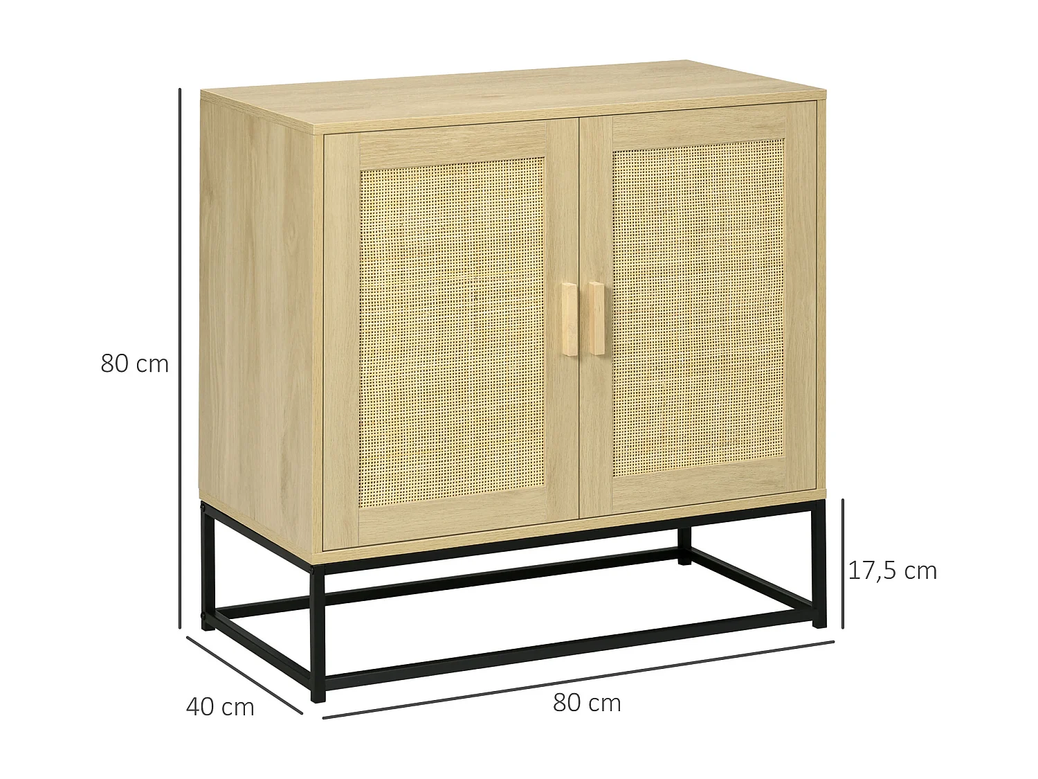 Buffet 2 portes cannage rotin avec étagère piètement acier noir poignées bois pin aspect chêne clair