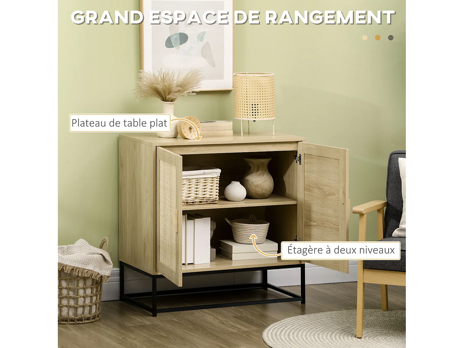 Buffet 2 portes cannage rotin avec étagère piètement acier noir poignées bois pin aspect chêne clair