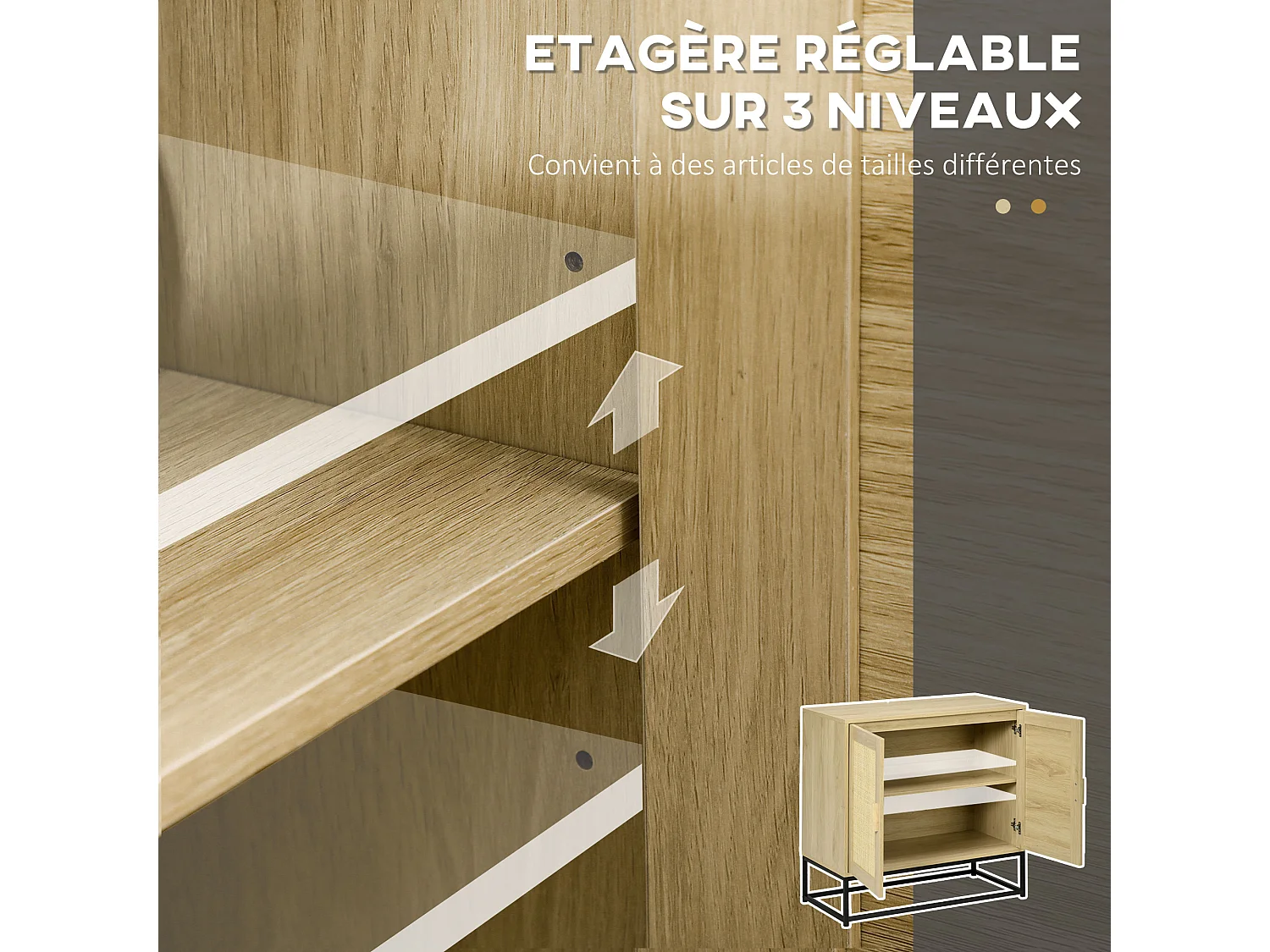 Buffet 2 portes cannage rotin avec étagère piètement acier noir poignées bois pin aspect chêne clair