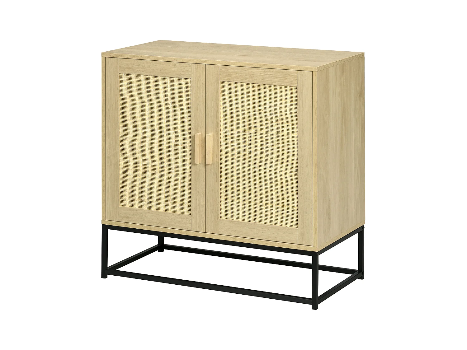 Buffet 2 portes cannage rotin avec étagère piètement acier noir poignées bois pin aspect chêne clair