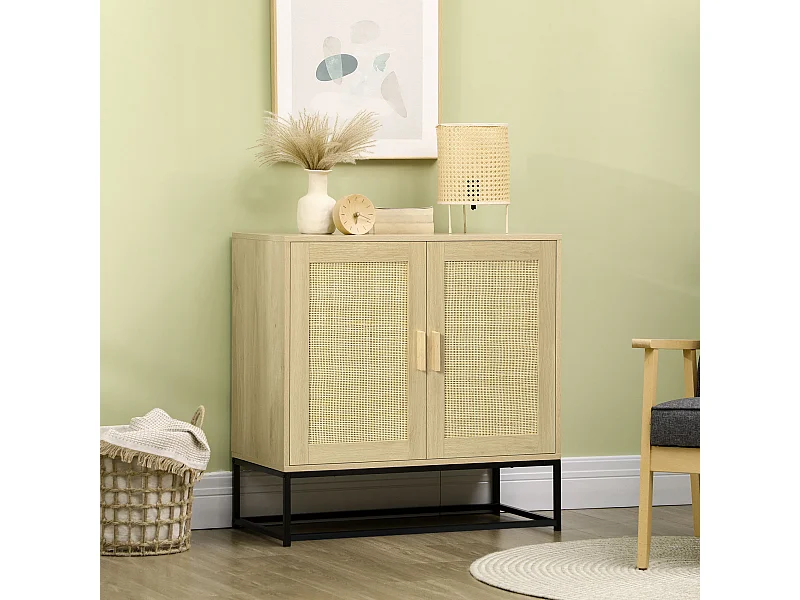 Buffet 2 portes cannage rotin avec étagère piètement acier noir poignées bois pin aspect chêne clair
