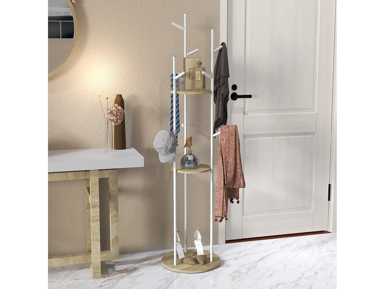 Porte-manteau design contemporain branches 2 étagères 9 patères Ø 40 x 167H cm aspect chêne clair acier blanc