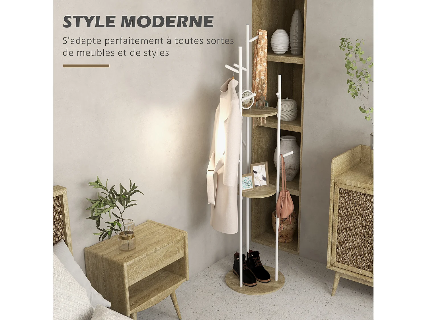 Porte-manteau design contemporain branches 2 étagères 9 patères Ø 40 x 167H cm aspect chêne clair acier blanc