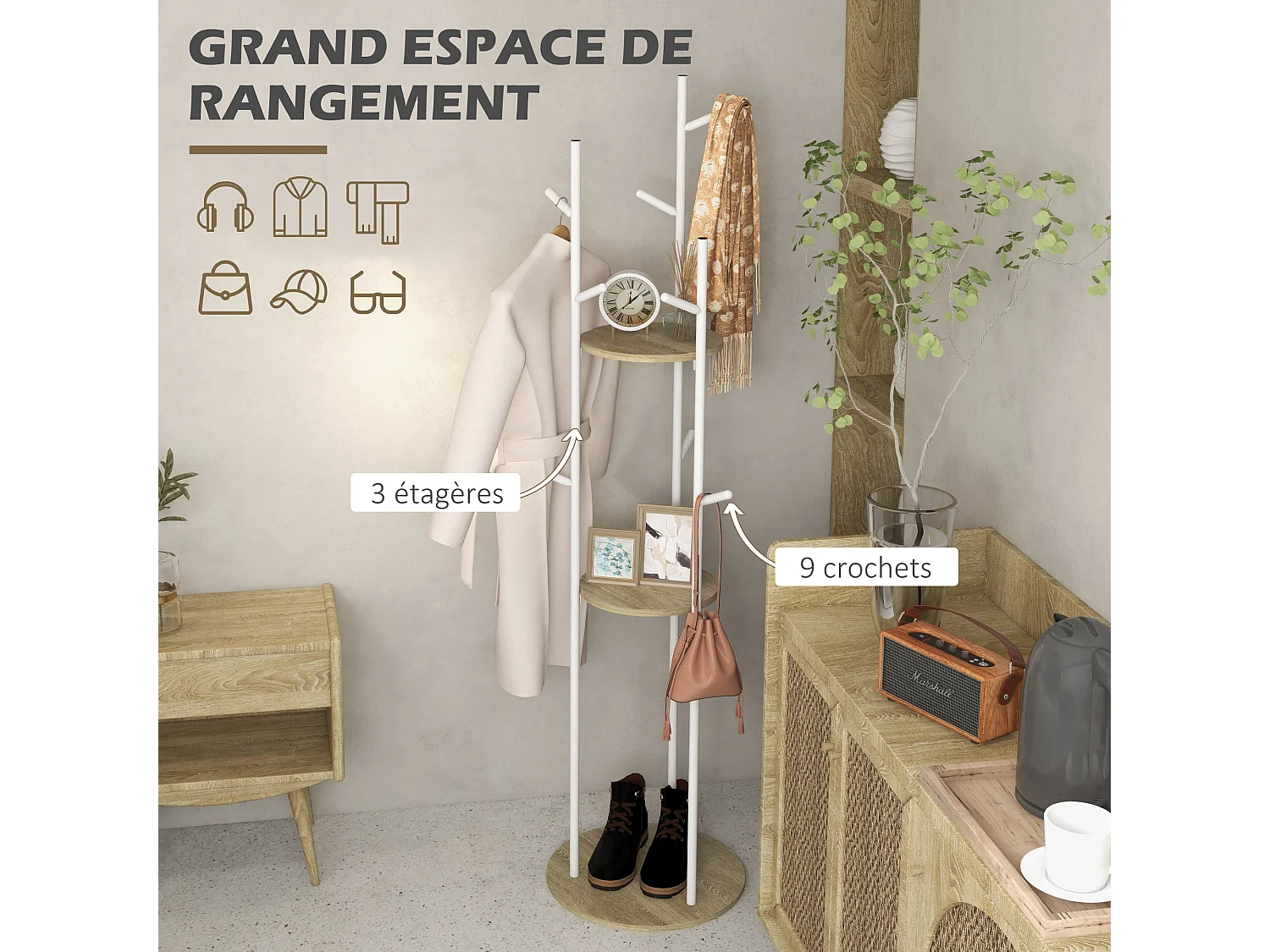 Porte-manteau design contemporain branches 2 étagères 9 patères Ø 40 x 167H cm aspect chêne clair acier blanc