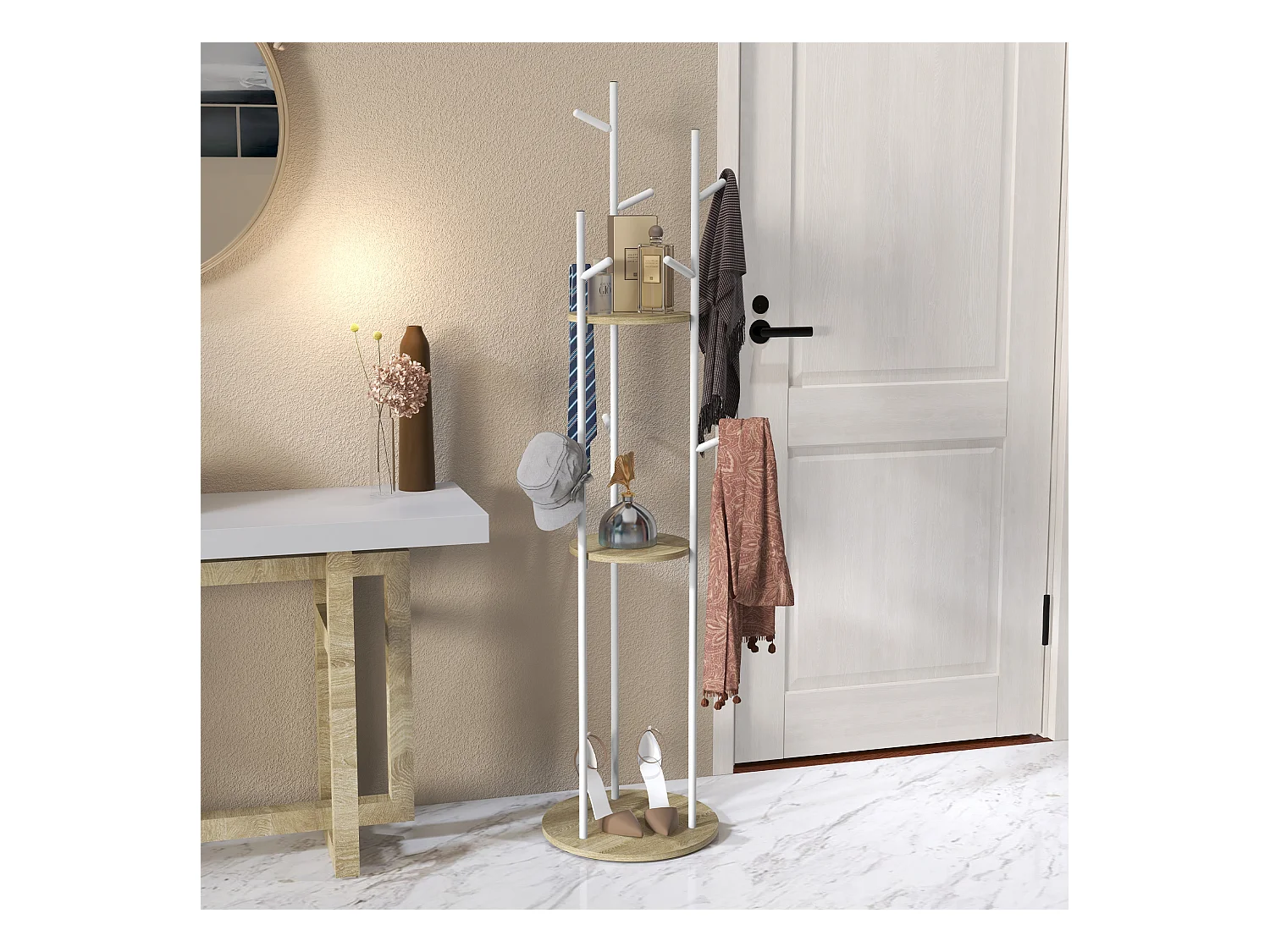 Porte-manteau design contemporain branches 2 étagères 9 patères Ø 40 x 167H cm aspect chêne clair acier blanc