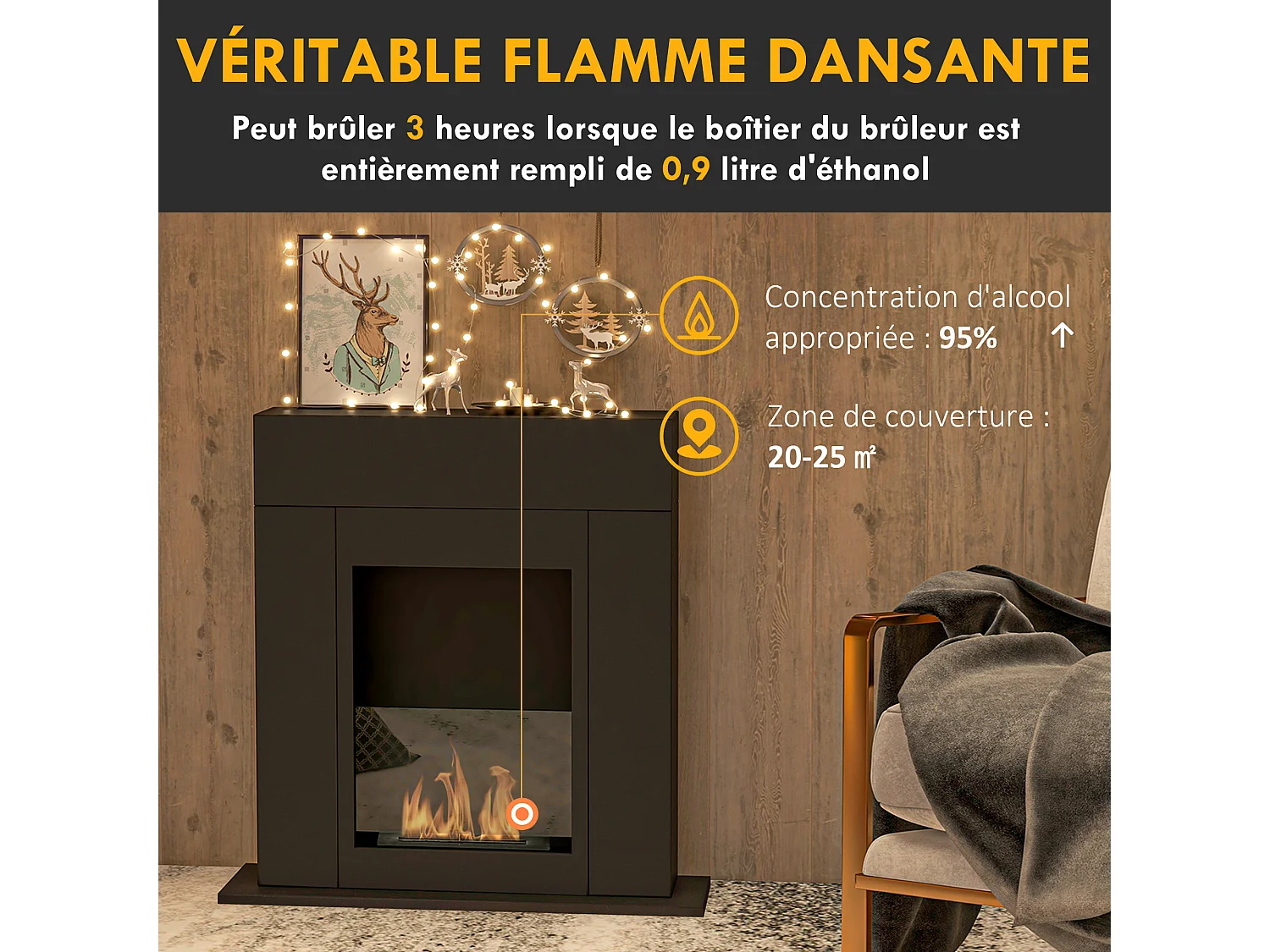 Cheminée bioéthanol design contemporain - brûleur 0,9 L - contrôle de flamme inclus - acier noir verre trempé