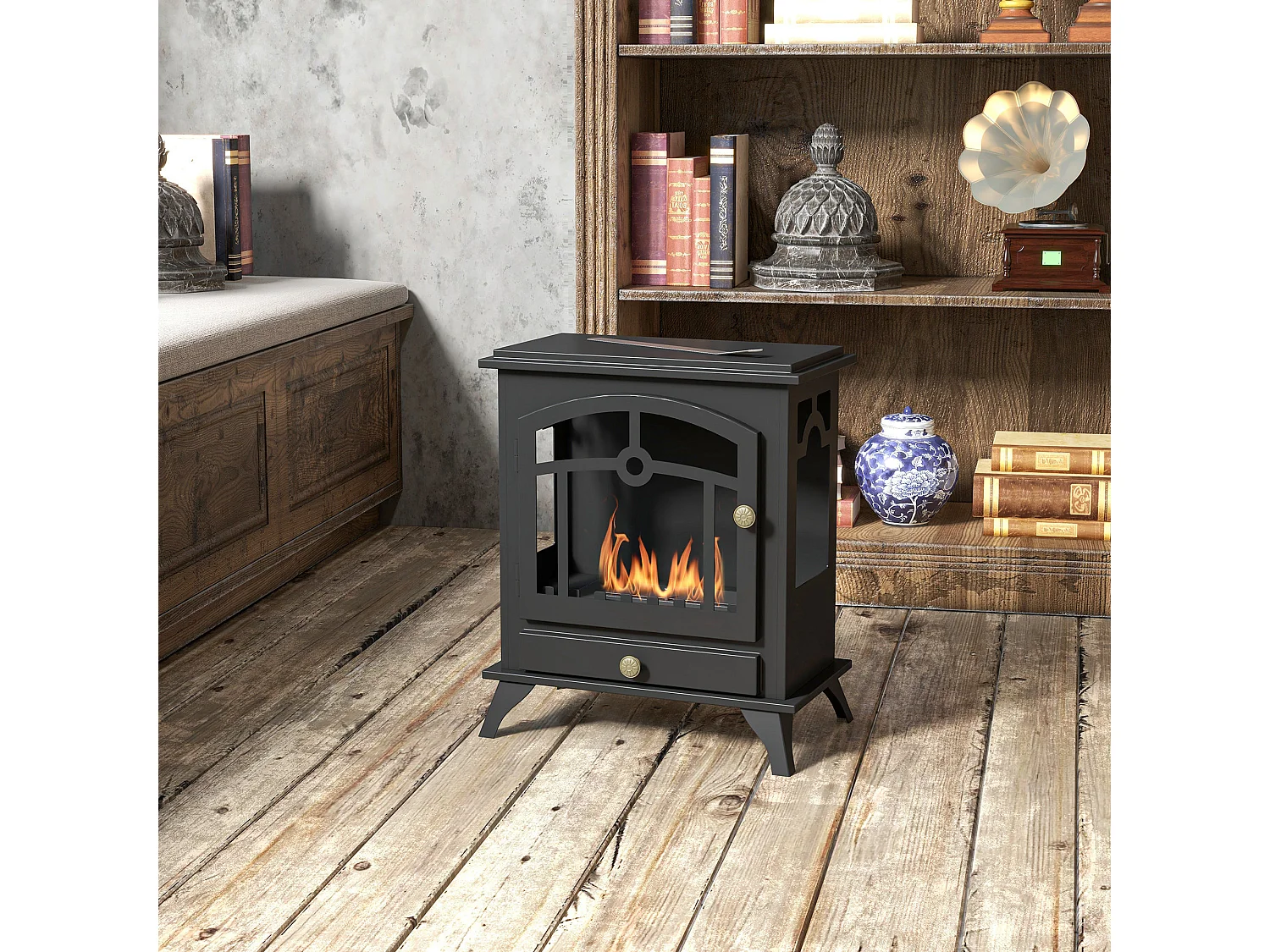 Cheminée bioéthanol sur pied style néo-rétro poêle 1 brûleur 1,2 L dim. 45L x 28l x 54H cm couverture 20-25 m² acier noir