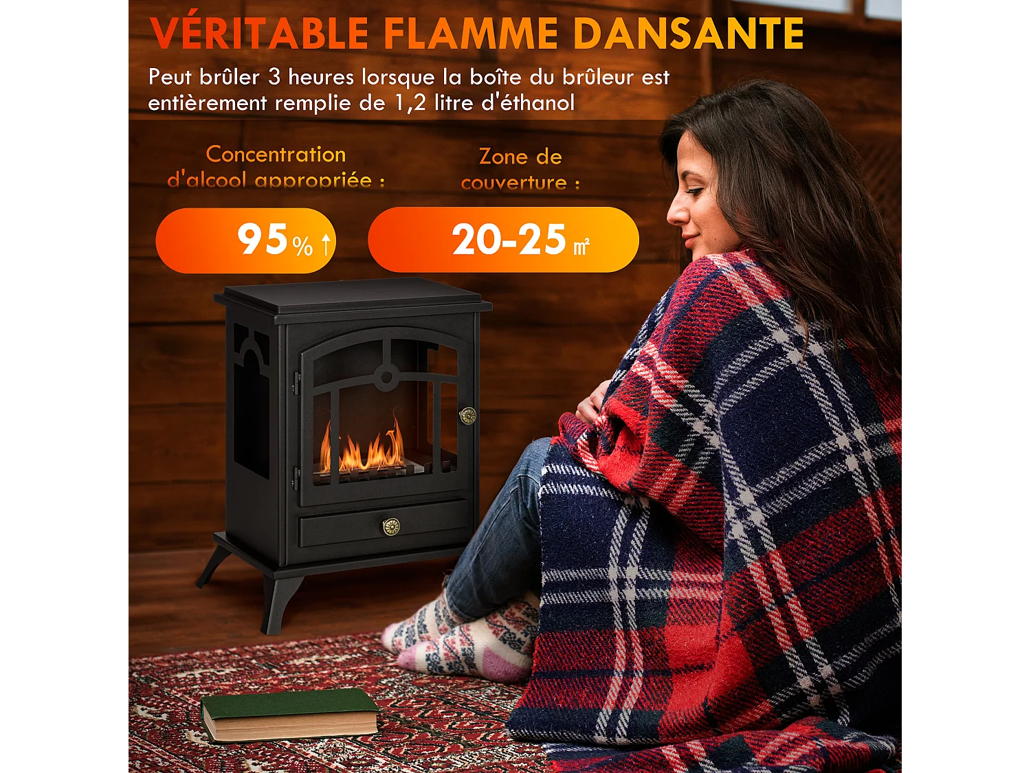 Cheminée bioéthanol sur pied style néo-rétro poêle 1 brûleur 1,2 L dim. 45L x 28l x 54H cm couverture 20-25 m² acier noir