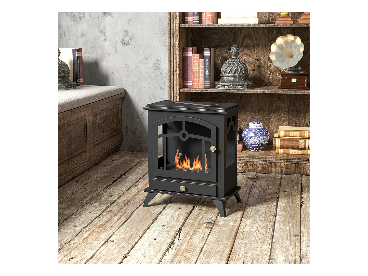 Cheminée bioéthanol sur pied style néo-rétro poêle 1 brûleur 1,2 L dim. 45L x 28l x 54H cm couverture 20-25 m² acier noir