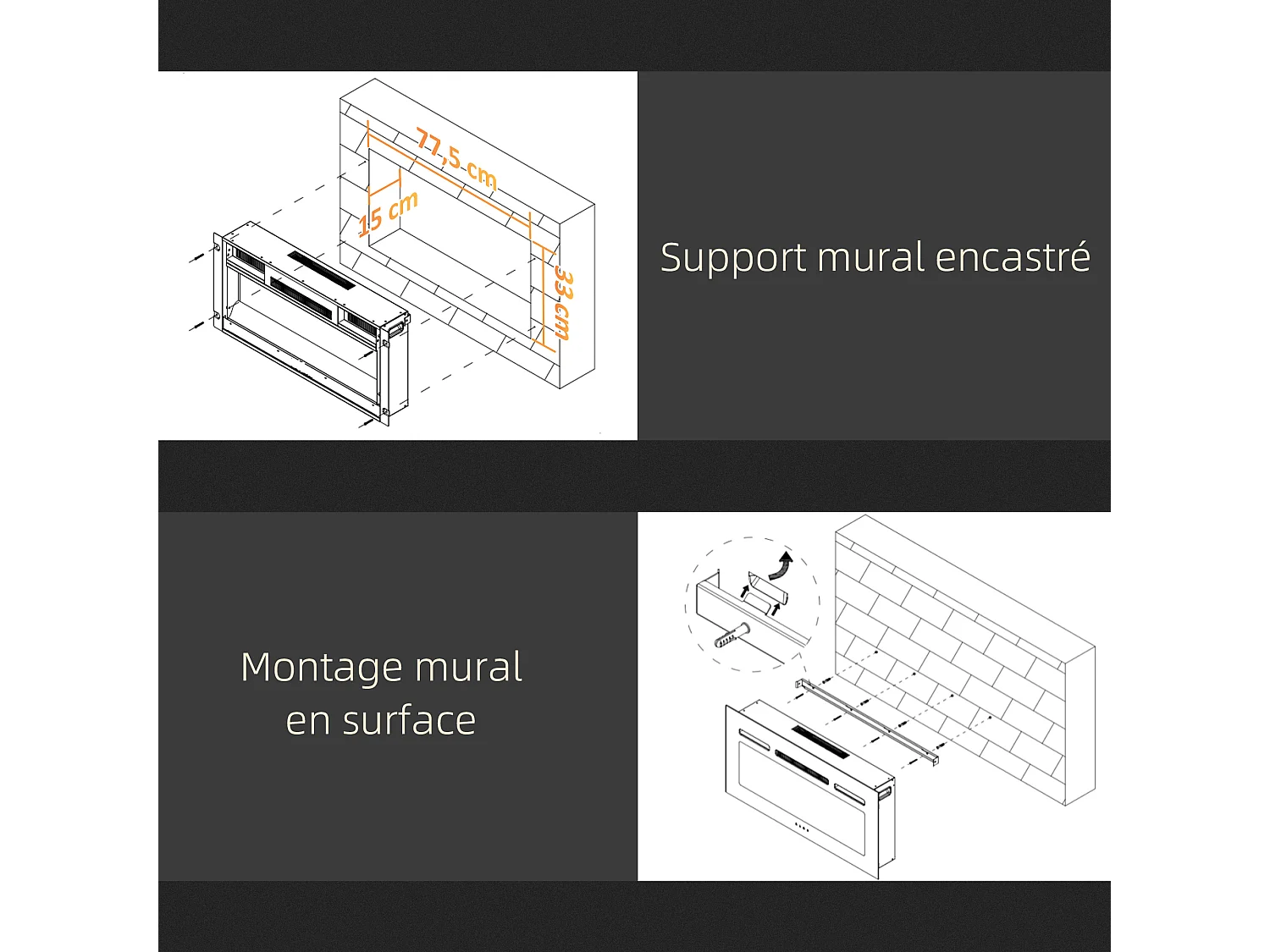 Cheminée bioéthanol murale design Bauhaus - double brûleur 0,85 L - pare-feu verre trempé - acier inox. acier noir
