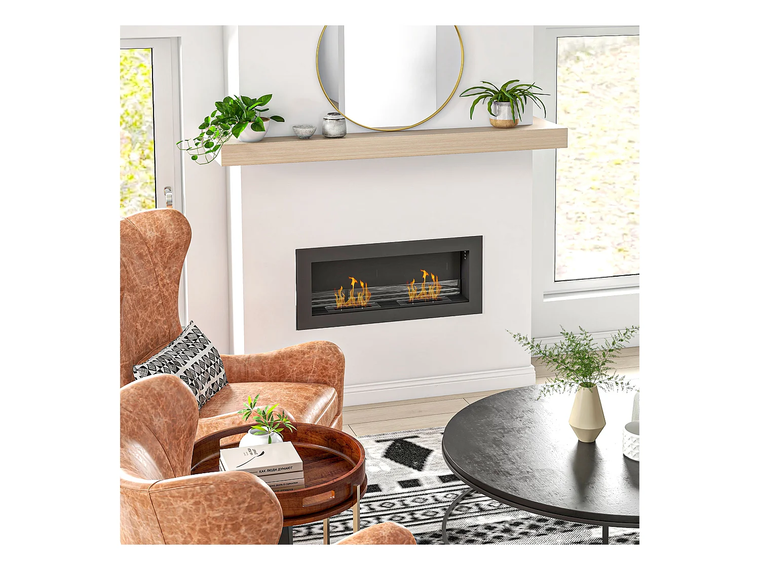 Cheminée bioéthanol murale design Bauhaus - double brûleur 0,85 L - pare-feu verre trempé - acier inox. acier noir