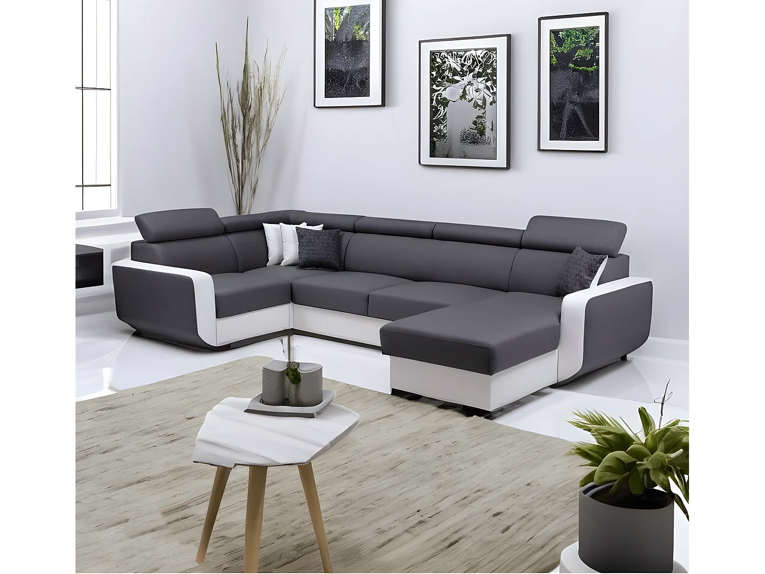 Canapé panoramique convertible EMPERO U blanc et gris en tissu et simili