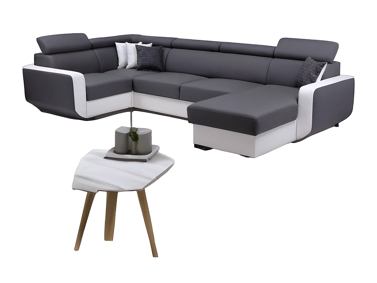 Canapé panoramique convertible EMPERO U blanc et gris en tissu et simili